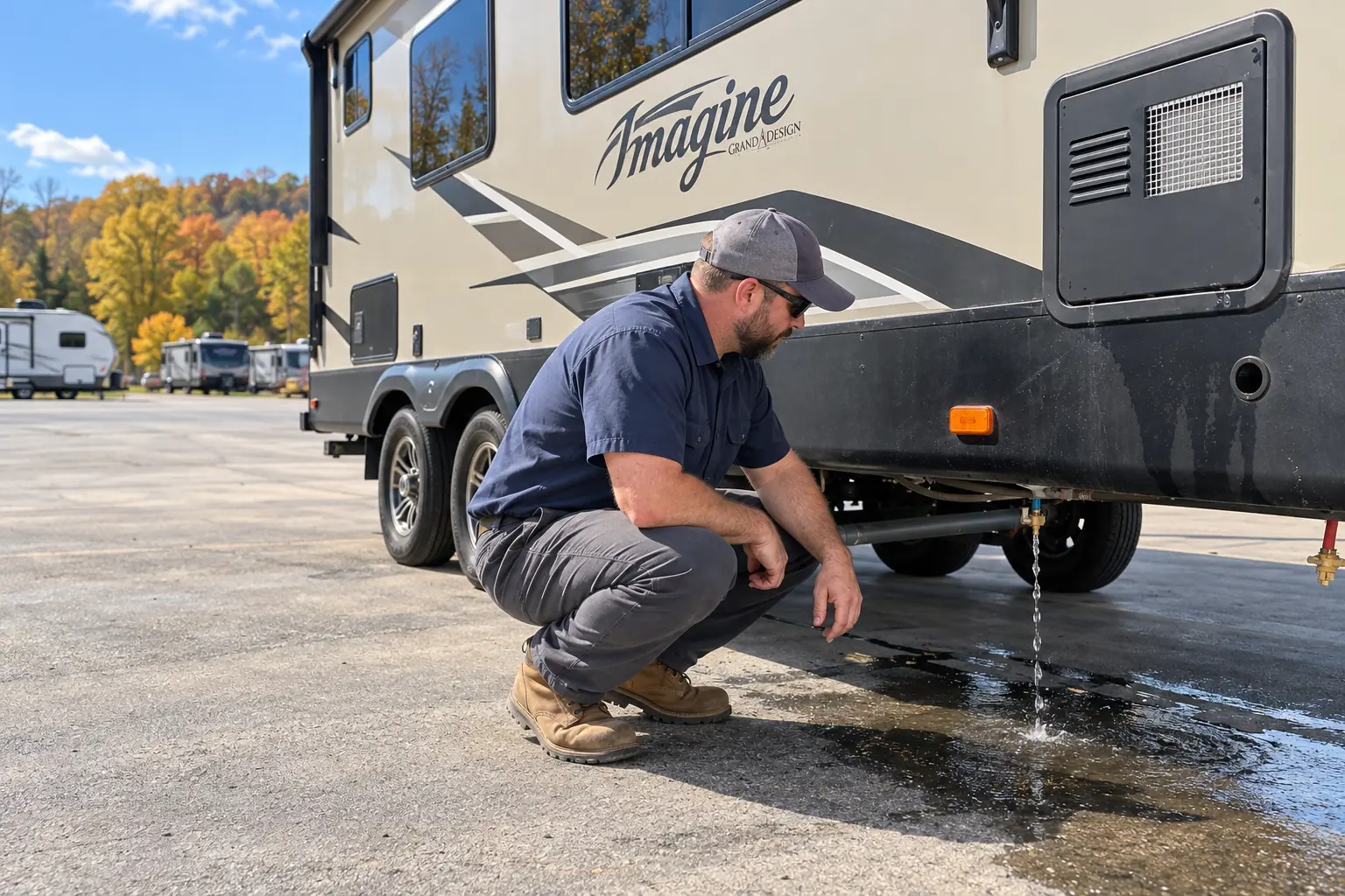 Kansas City RV Winterization at a Storage Lot Technician beside a Class A motorhome at a Blue Springs storage lot, ready for RV winterization