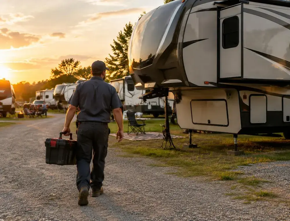 Mobile RV mechanic walking toward a fifth wheel at a campground near Kansas Speedway in Kansas City, KS
