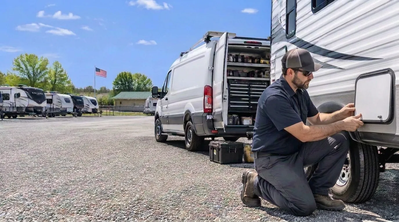 Mobile RV repair technician beside a travel trailer at a Kansas City storage lot on a sunny day