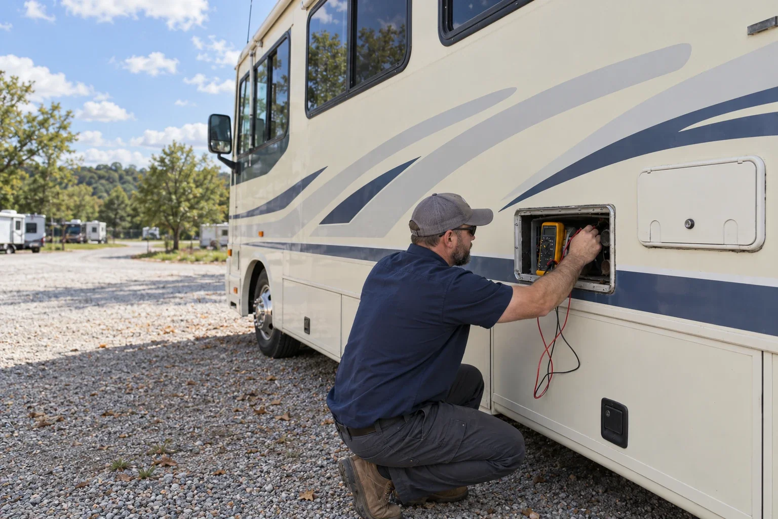 RV electrical repair technician beside a Class C motorhome at an RV park in the Northland off I-29
