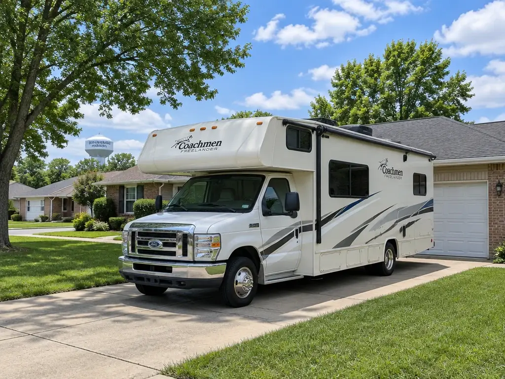 Mobile RV technician beside a Class C motorhome in an Independence driveway for an electrical repair
