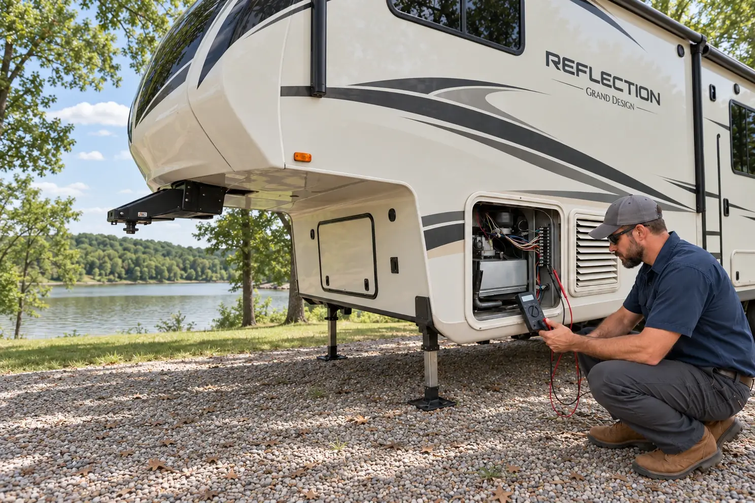 RV furnace repair technician beside a fifth wheel at a campsite near Lake Jacomo on a cold fall morning