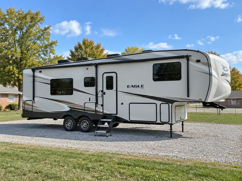 Fifth wheel parked at a Liberty storage lot as a mobile technician arrives to repair the furnace