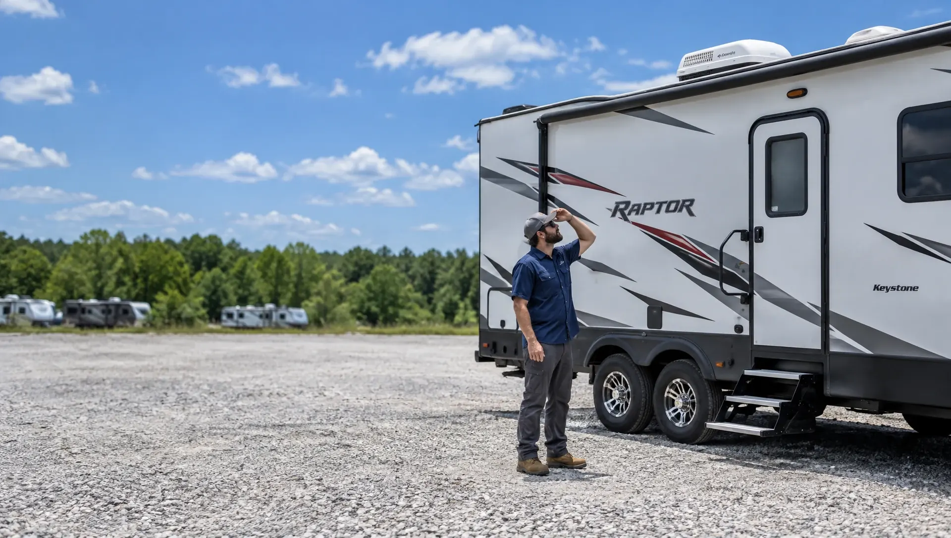 RV roof leak repair technician next to a toy hauler at a storage lot off I-35 in Kansas City