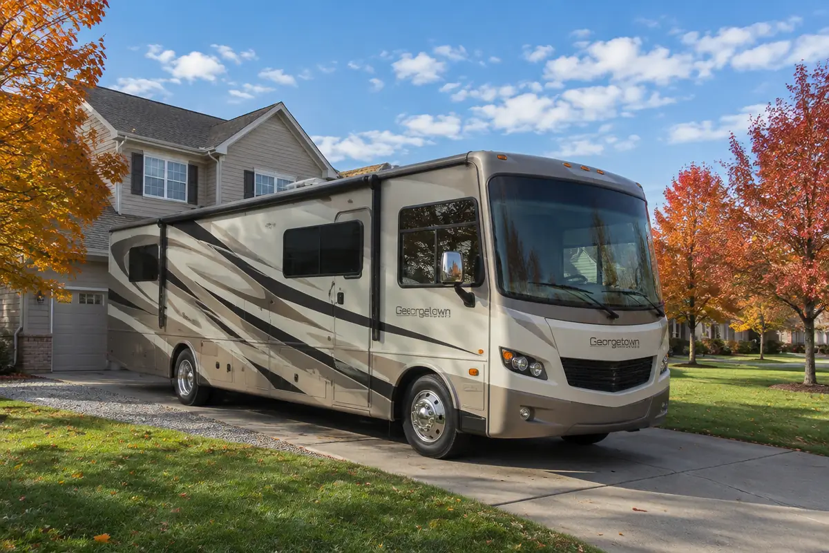 RV Winterizing Service in Overland Park Mobile RV technician beside a Class A motorhome in an Overland Park driveway for winterizing service